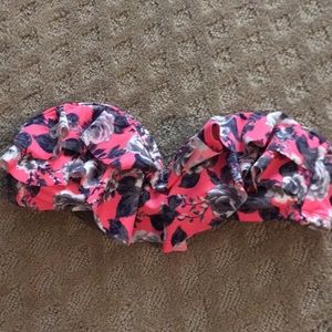 strapless floral pink black and white dip swim top